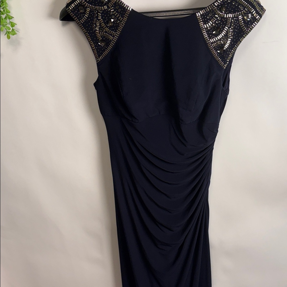 Xscape Navy Embellished Cap-Sleeve Evening Gown